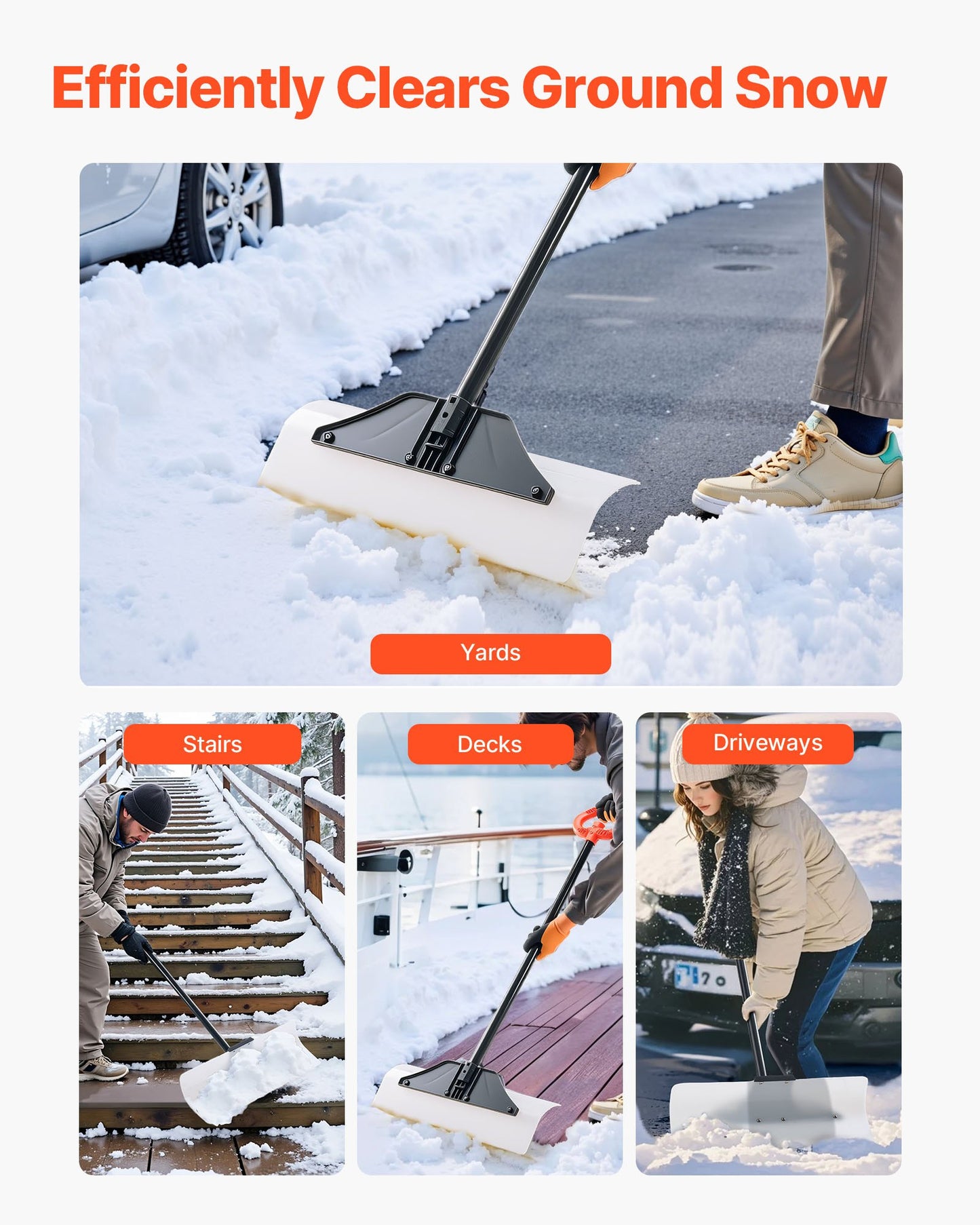 VEVOR Snow Pusher Shovel, 61 cm Wide Outdoor Snowplow Shovel with Ergonomic Grip, HDPE Plastic Blade, Winter Shovels with Segmented Handle, Portable Snow Removal Tool for Driveway Garden Camping