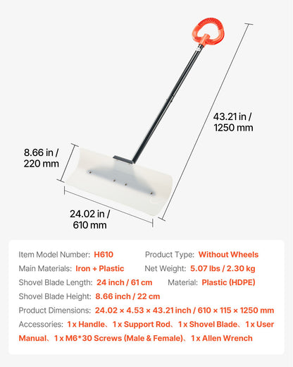VEVOR Snow Pusher Shovel, 61 cm Wide Outdoor Snowplow Shovel with Ergonomic Grip, HDPE Plastic Blade, Winter Shovels with Segmented Handle, Portable Snow Removal Tool for Driveway Garden Camping