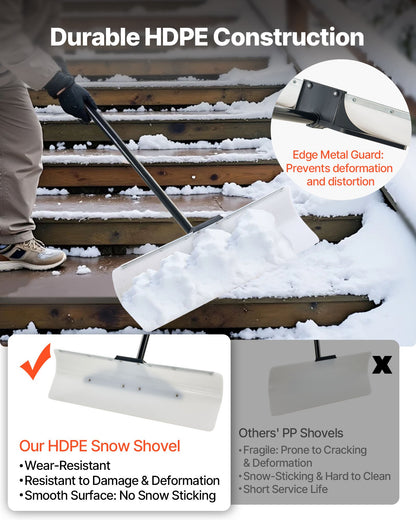 VEVOR Snow Pusher Shovel, 76.2 cm Outdoor Snowplow Shovel with Ergonomic Grip, HDPE Plastic Blade, Winter Shovels with Segmented Handle, Metal Edged Strip, Portable Snow Removal Tool for Driveway