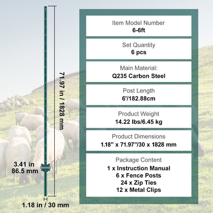 VEVOR 6 Feet Fence Post 6 Pack T-Post Heavy Duty Metal Fence Posts Green