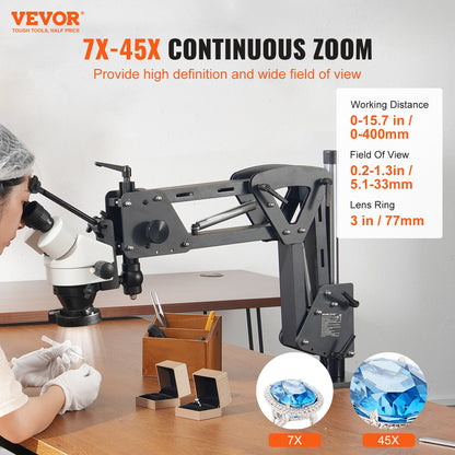 VEVOR Multi-Directional Microscope with Spring Bracket, 7X-45X Magnification Jewelry Microscope, Micro Jewelry Inlaid Stand with Integrated USB Ring LED Light, Jewelers Microscope for Jewelry Inlay