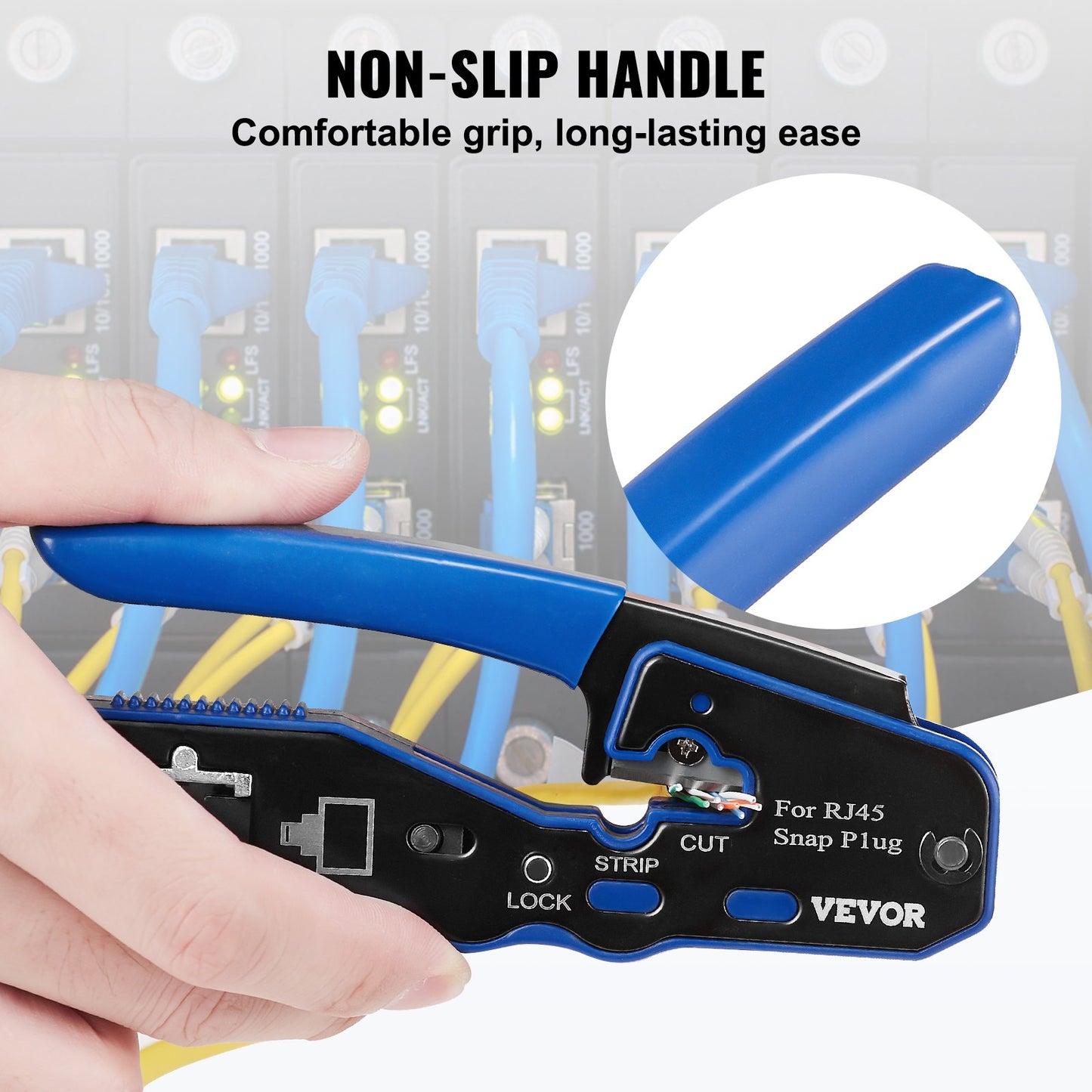 VEVOR RJ45 Crimp Tool Kit, Cat5e/Cat6/Cat6a Ethernet Crimper Crimp Pliers for 8-Pin Modular Plugs with 20pcs Pass-Through Connectors and Covers, Wire Stripper and Network Tester