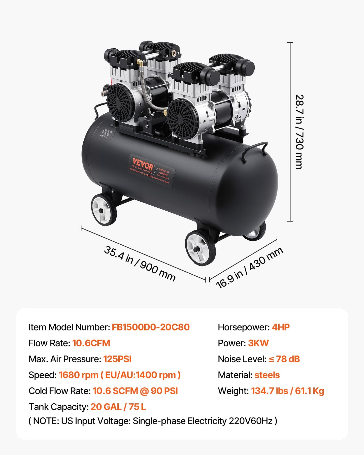 VEVOR Air Compressor Compact Portable Oil Free Compressor 75L 90 PSI