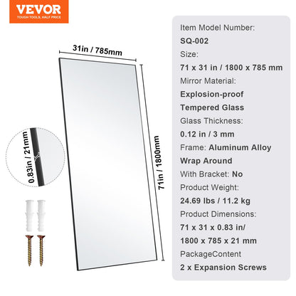VEVOR Full Length Mirror, 1800x785 mm, Extra Large Standing Hanging or Leaning Rectangle Floor Mirror with Tempered Glass Aluminum Alloy Frame, Full Body Dressing Mirror for Living Room Bedroom, Black