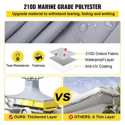 VEVOR T-Top Boat Cover, Fit for 20\'-22\' Boat, Heavy Duty 600D Marine Grade Oxford Hard Top Cover, UV Resistant Waterproof Center Console Boat Cover with 2 Support Poles and 7 Wind-Proof Straps, Gray