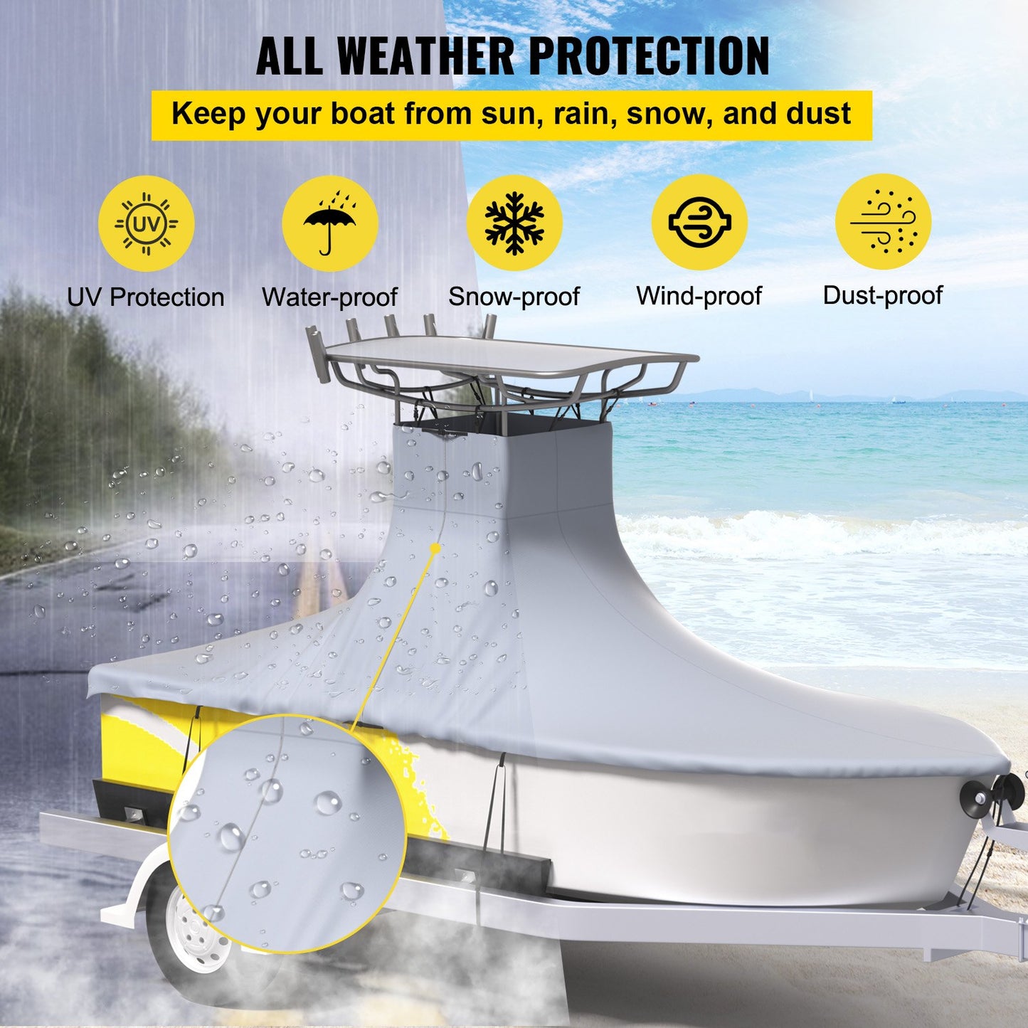 VEVOR T-Top Boat Cover, Fit for 20\'-22\' Boat, Heavy Duty 600D Marine Grade Oxford Hard Top Cover, UV Resistant Waterproof Center Console Boat Cover with 2 Support Poles and 7 Wind-Proof Straps, Gray
