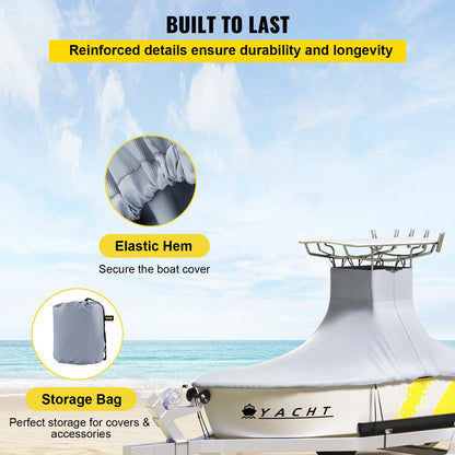 VEVOR T-Top Boat Cover, Fit for 20\'-22\' Boat, Heavy Duty 600D Marine Grade Oxford Hard Top Cover, UV Resistant Waterproof Center Console Boat Cover with 2 Support Poles and 7 Wind-Proof Straps, Gray