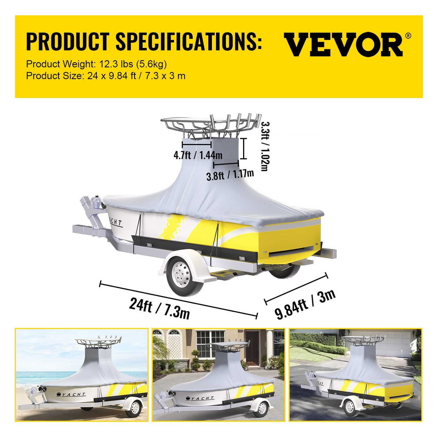 VEVOR T-Top Boat Cover, Fit for 22\'-24\' Boat, Heavy Duty 600D Marine Grade Oxford Hard Top Cover, UV Resistant Waterproof Center Console Boat Cover with 2 Support Poles and 7 Wind-Proof Straps, Gray