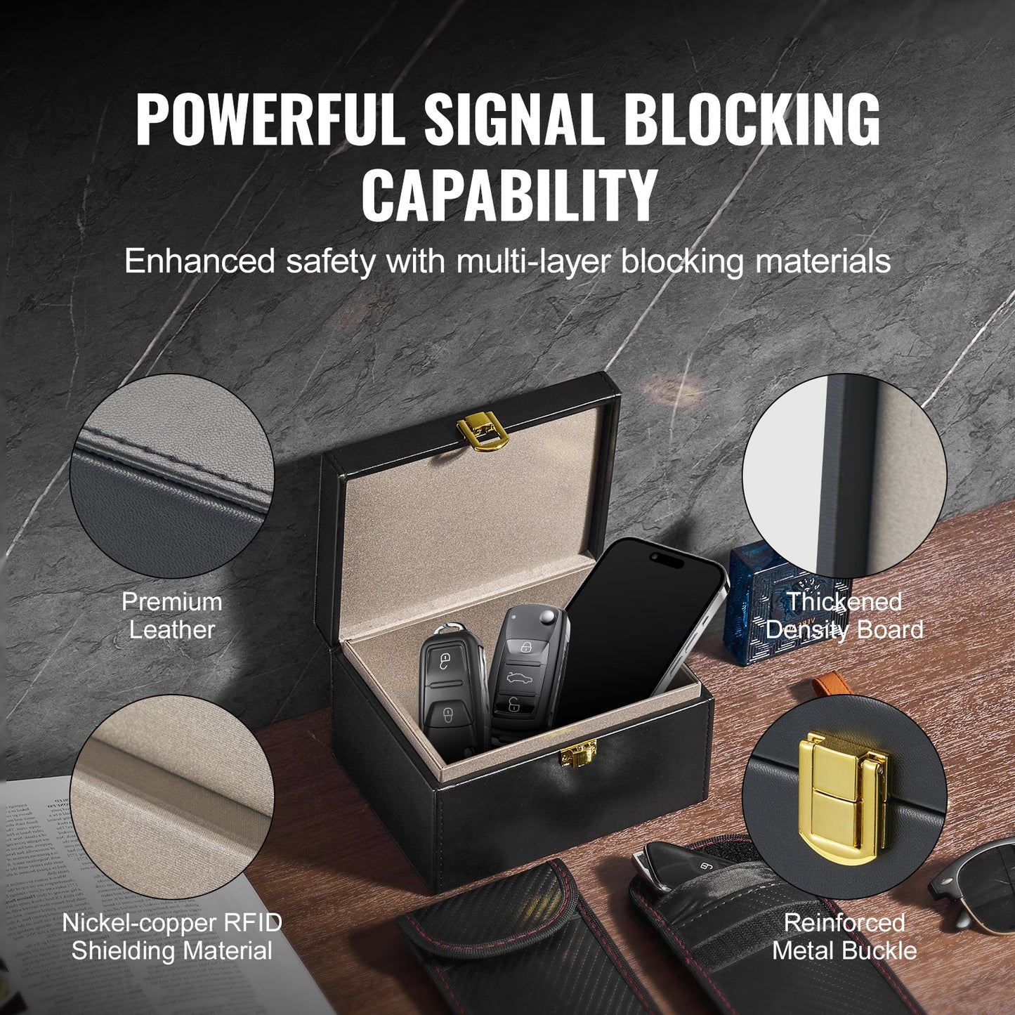 VEVOR Faraday Box Signal Blocking Holder for 5~8 Car Keys with 2 Key Bags Black
