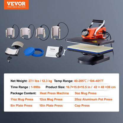 VEVOR Heat Press Machine 12x15in 8in1 Sublimation Transfer T-shirt Plate Mug Cup