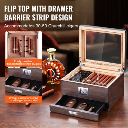 VEVOR 50 Cigar Humidor Glasstop Cedar Cigar Box Humidifier & Hygrometer & Drawer