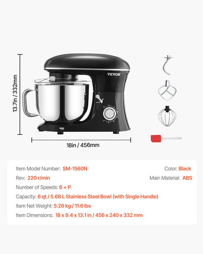 VEVOR Stand Mixer 5.68 L Electric Dough Mixer 1100W 6 + P Speeds Food Beater
