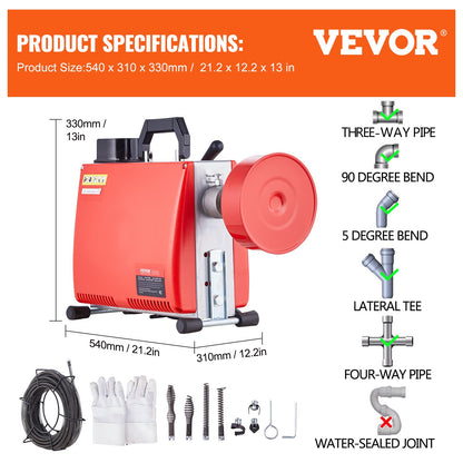 VEVOR Drain Cleaner Machine 66FT x 5/8" 250W Sewer Snake Auger Manual Feed