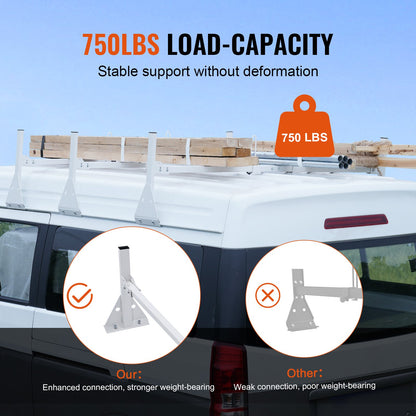 VEVOR 3-Bar Van Roof Ladder Rack Adjustable 56.3"-61.4" for Full-Size Vans
