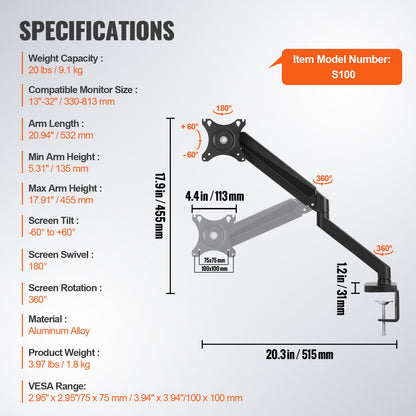 VEVOR Single Monitor Mount, Supports 13"-32", 330-813 mm Screen, Fully Adjustable Gas Spring Monitor Arm, Hold up to 9.1 kg, Computer Monitor Stand Holder with C-Clamp/Grommet Mounting Base, VESA Mount Bracket