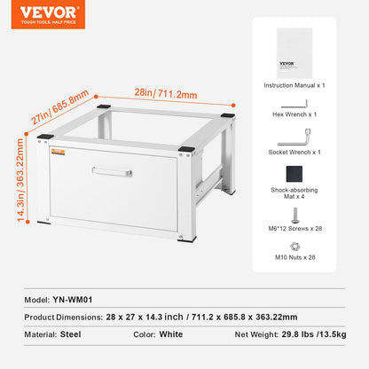 VEVOR Laundry Pedestal 686mmmW x 366mmH, Washer And Dryer Base Stand Platform Universal Fit 299kg Capacity, Heavy Duty Multi-Functional Base for Washing Machine with Drawer & Rich Accessories