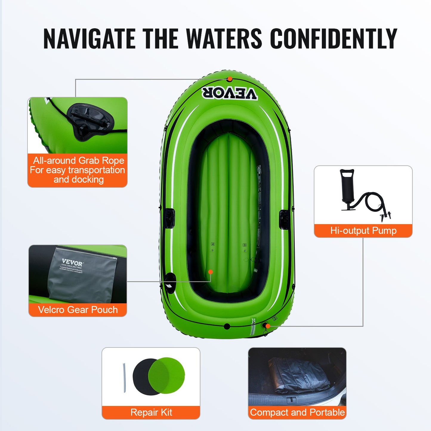 VEVOR Inflatable Boat, 2-Person Inflatable Fishing Boat, Strong PVC Portable Boat Raft Kayak, Includes 1158 mm Aluminum Oars, High-Output Pump and Fishing Rod Holders, 227 kg Capacity for Adults, Kids