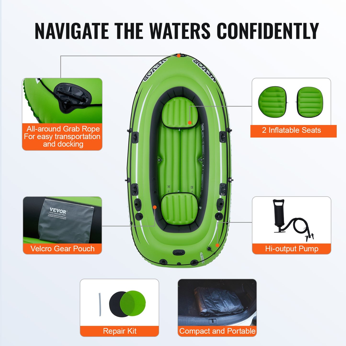 VEVOR Inflatable Boat, 4-Person Inflatable Fishing Boat, Strong PVC Portable Boat Raft Kayak, 1158mm Aluminum Oars, High-Output Pump, Fishing Rod Holders, and 2 Seats, 1100 lb Capacity for Adults Kids