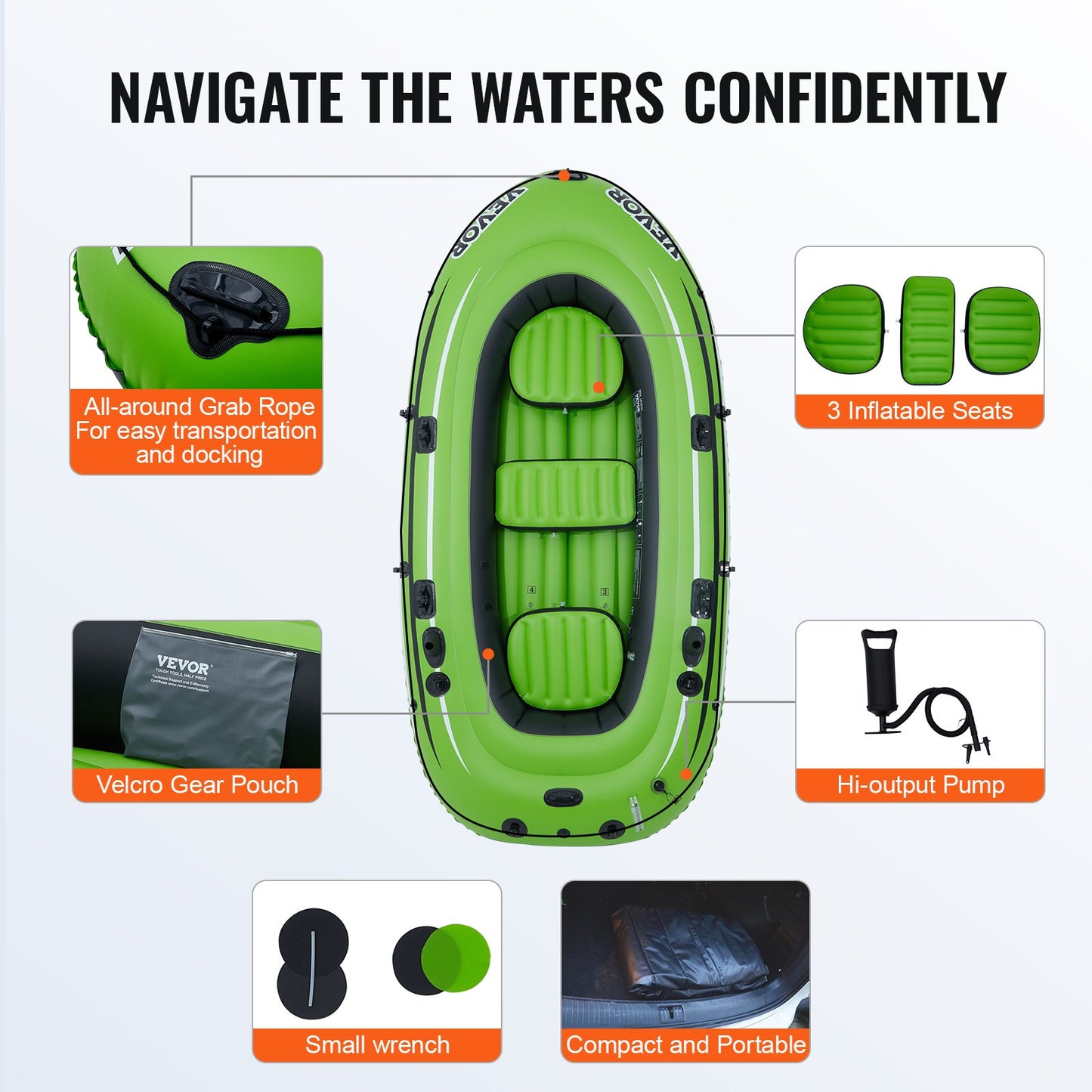 VEVOR Inflatable Boat, 5-Person Inflatable Fishing Boat, PVC Portable Boat Raft Kayak, 1158 mm Aluminum Oars, High-Output Pump, Fishing Rod Holders, and 2 Seats, 1100 lb Capacity for Adults, Kids