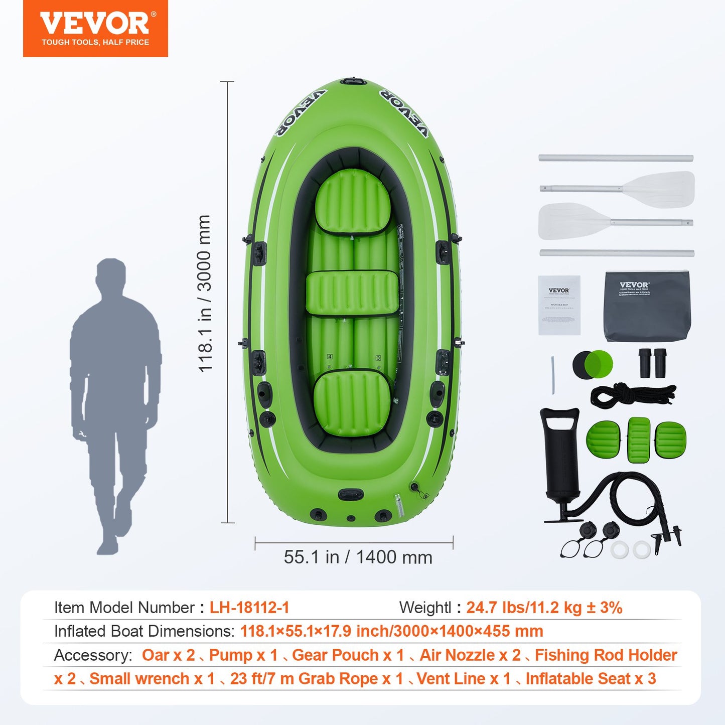VEVOR Inflatable Boat, 5-Person Inflatable Fishing Boat, PVC Portable Boat Raft Kayak, 1158 mm Aluminum Oars, High-Output Pump, Fishing Rod Holders, and 2 Seats, 1100 lb Capacity for Adults, Kids