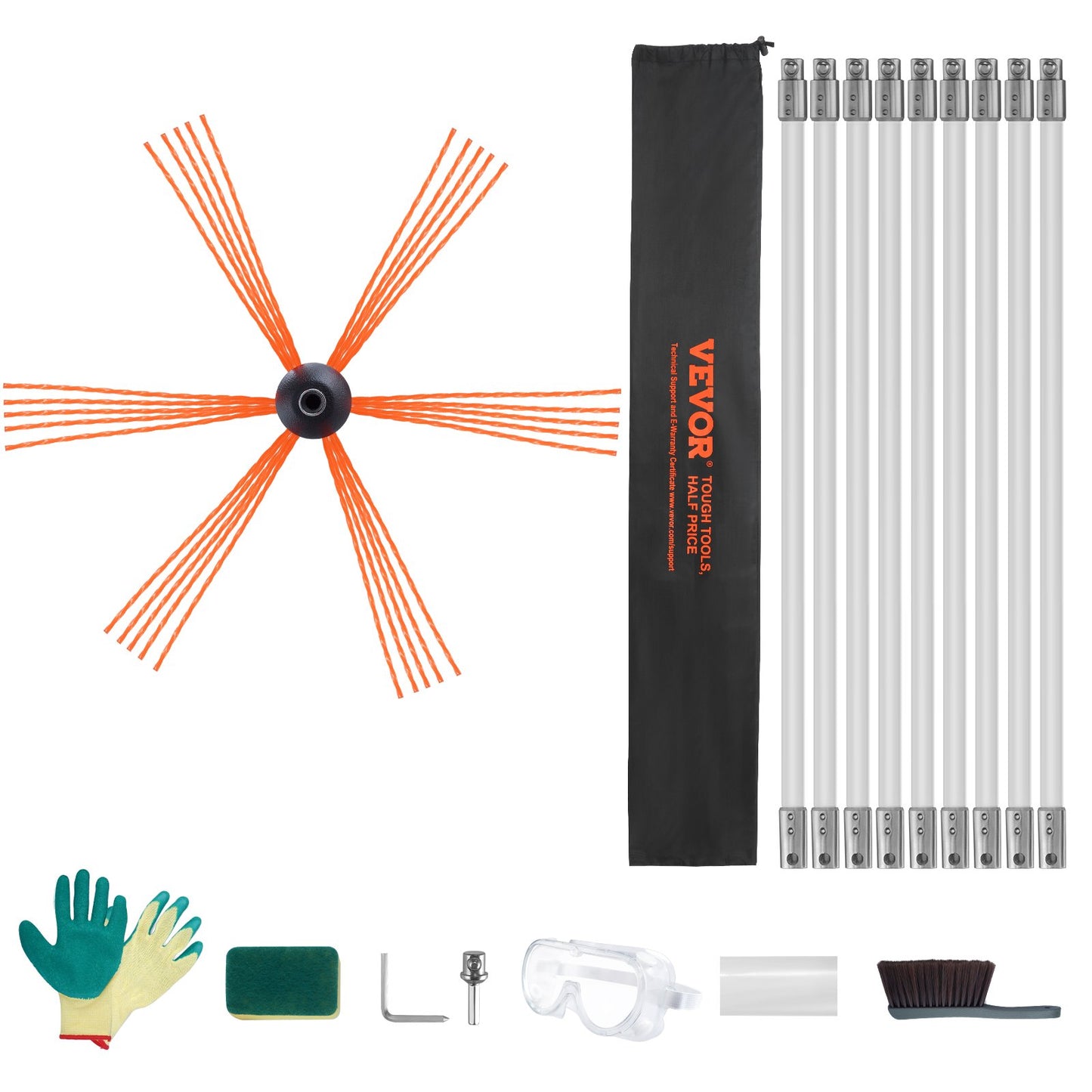 VEVOR 9 m Chimney Sweep Kit, w/ 9 Reinforced Nylon Flexible Rods, Ergonomic Chimney Cleaning Brush, 360-Degree Brush Chimney Cleaner, Rich Accessories for Fireplace Flue Home Use Fits most Pipes