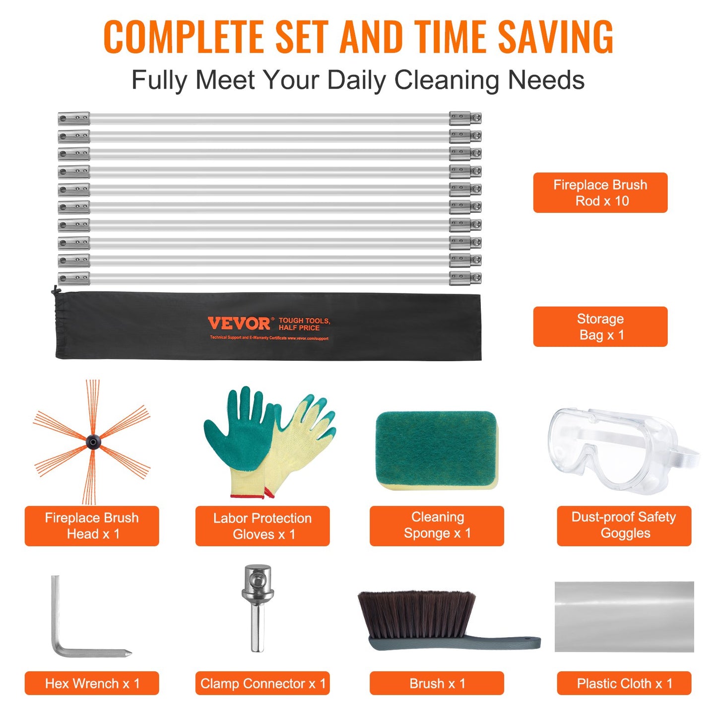 VEVOR 10 m Chimney Sweep Kit, w/ 10 Reinforced Nylon Flexible Rods, Ergonomic Chimney Cleaning Brush, 360-Degree Brush Chimney Cleaner, Rich Accessories for Fireplace Flue Home Use Fits most Pipes
