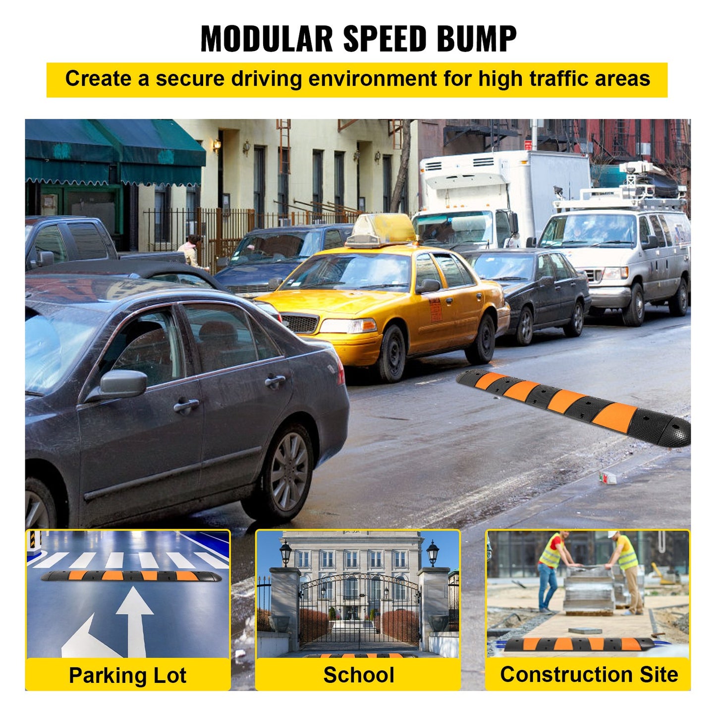 VEVOR Rubber Speed Bump, 1 Pack 2 Channel Speed Bump Hump, 72\" Long Modular Speed Bump Rated 22000 LBS Loading, 72.8 x 12.2 x 2.2 Garage Speed Bump for Asphalt Concrete Gravel Driveway with 2 End Cap
