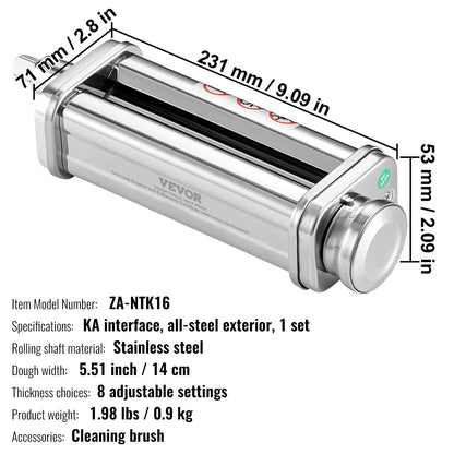 VEVOR Pasta Attachment for KitchenAid Stand Mixer, Stainless Steel Pasta Sheet Roller Attachment, Pasta Maker Machine Accessory with 8 Adjustable Thickness Knob, KitchenAid Pasta Attachment by VEVOR