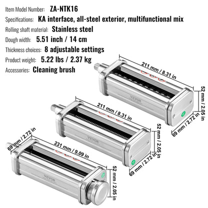 VEVOR 3Pcs Pasta Attachment for KitchenAid Stand Mixer Pasta Roller Cutter Set