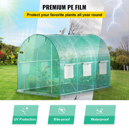 VEVOR Walk-in Tunnel Greenhouse, 3 x 2 x 2 m, Portable Plant Hot House with Galvanised Steel Frame, 1 Top Bar, Diagonal Poles, Zipper Door and 6 Roll-Up Windows, Green