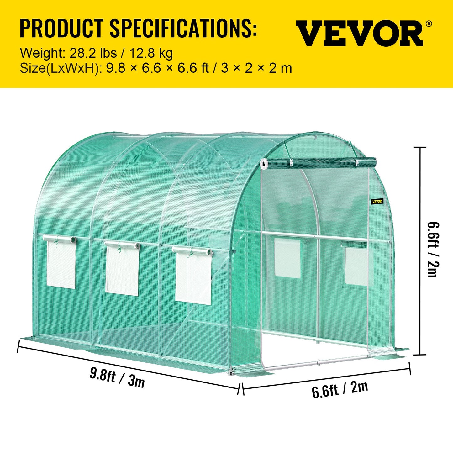 VEVOR Walk-in Tunnel Greenhouse, 3 x 2 x 2 m, Portable Plant Hot House with Galvanised Steel Frame, 1 Top Bar, Diagonal Poles, Zipper Door and 6 Roll-Up Windows, Green