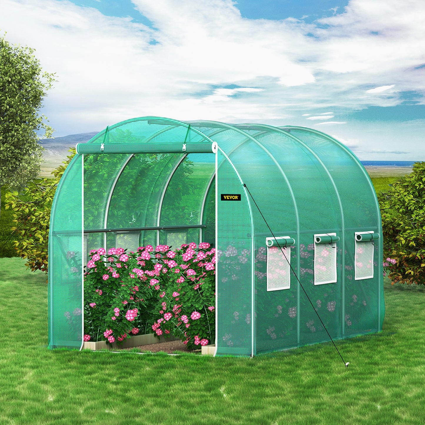 VEVOR Walk-in Tunnel Greenhouse, 3 x 2 x 2 m, Portable Plant Hot House with Galvanised Steel Frame, 1 Top Bar, Diagonal Poles, Zipper Door and 6 Roll-Up Windows, Green