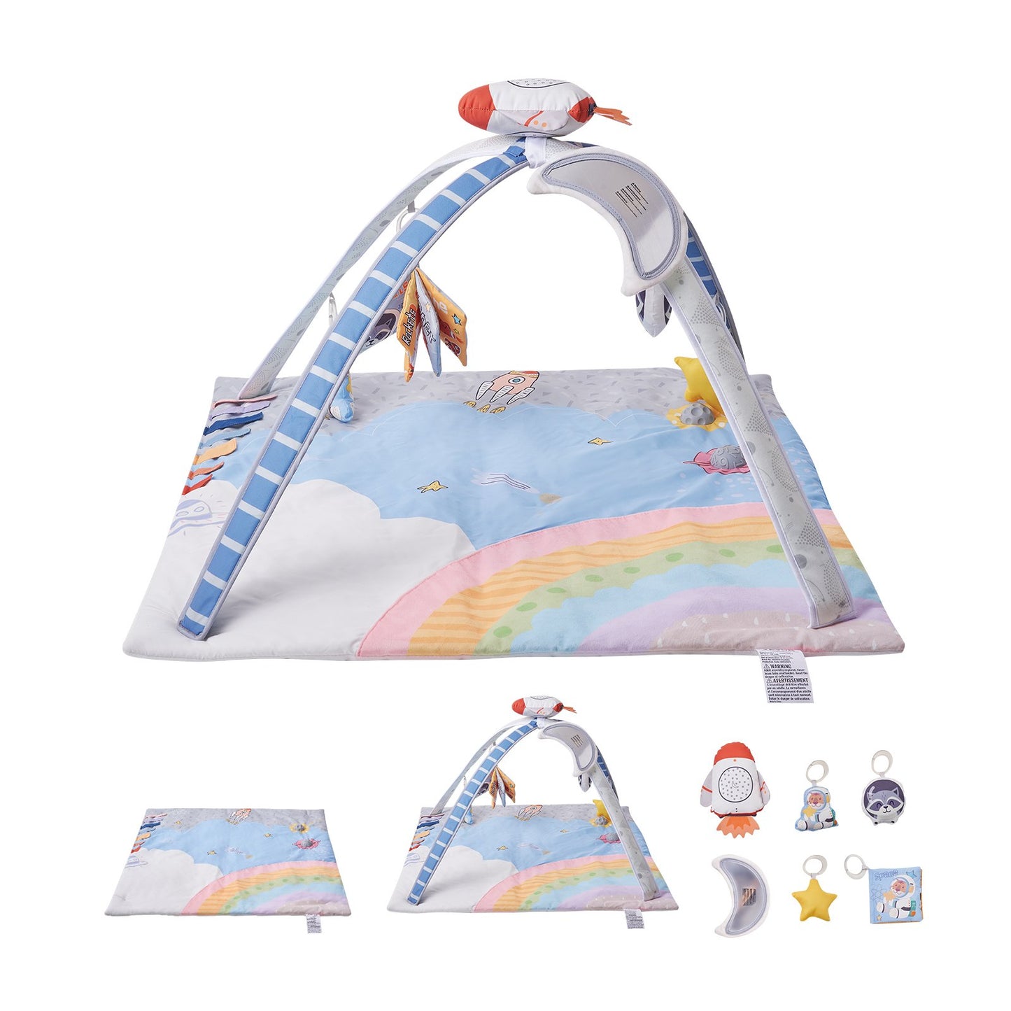 VEVOR Baby Play Gym Mat, Tummy Time Mat with 6 Sensory Toys, Baby Activity Mat with Light-up Musical Rocket Toy for 0-18 Month Newborn Infant, Baby Essential Gift for Sensory & Motor Skill Development