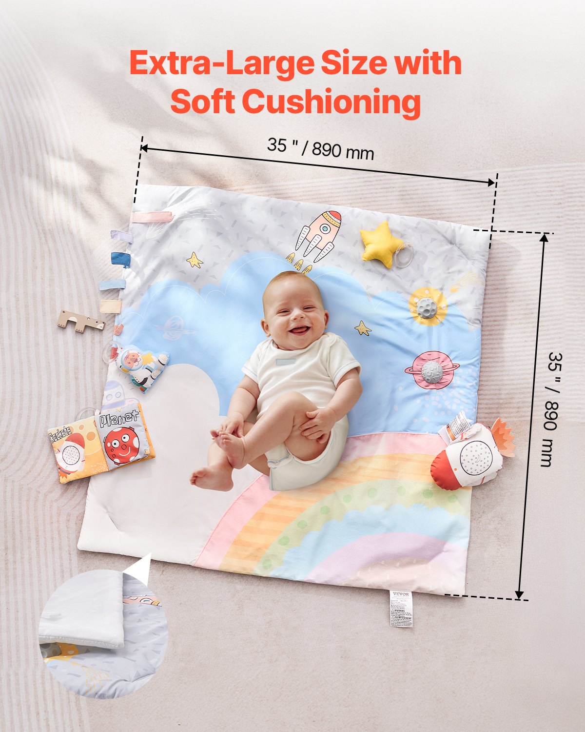 VEVOR Baby Play Gym Mat, Tummy Time Mat with 6 Sensory Toys, Baby Activity Mat with Light-up Musical Rocket Toy for 0-18 Month Newborn Infant, Baby Essential Gift for Sensory & Motor Skill Development
