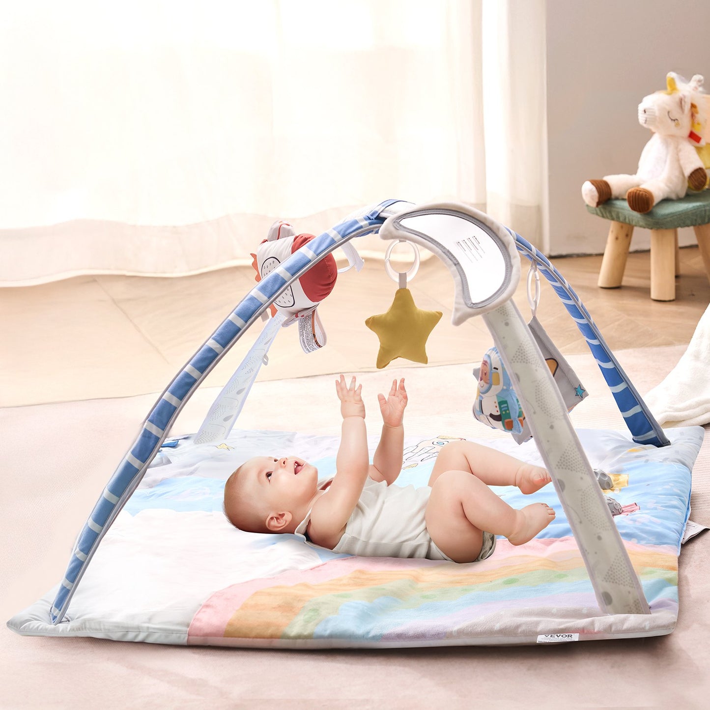 VEVOR Baby Play Gym Mat, Tummy Time Mat with 6 Sensory Toys, Baby Activity Mat with Light-up Musical Rocket Toy for 0-18 Month Newborn Infant, Baby Essential Gift for Sensory & Motor Skill Development