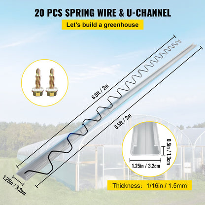 VEVOR Spring Wire and Lock Channel,2 m Spring Lock & U-Channel Bundle for Greenhouse, 20 Packs PE Coated Spring Wire & Aluminum Alloy Channel, Plastic Poly Film or Shade Cloth Attachment with Screw