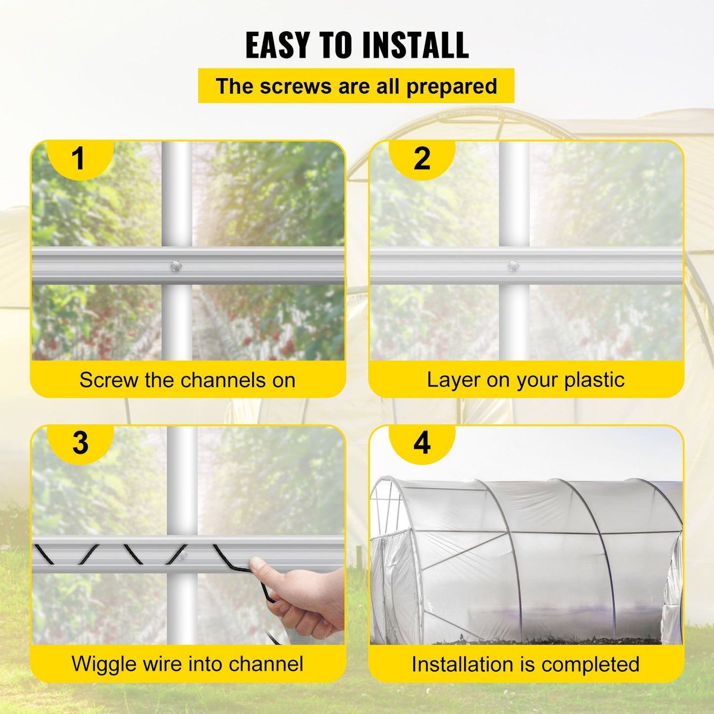 VEVOR Spring Wire and Lock Channel, 2m Spring Lock & U-Channel Bundle for Greenhouse, 40 Packs PE Coated Spring Wire & Aluminum Alloy Channel,Plastic Poly Film or Shade Cloth Attachment with Screw