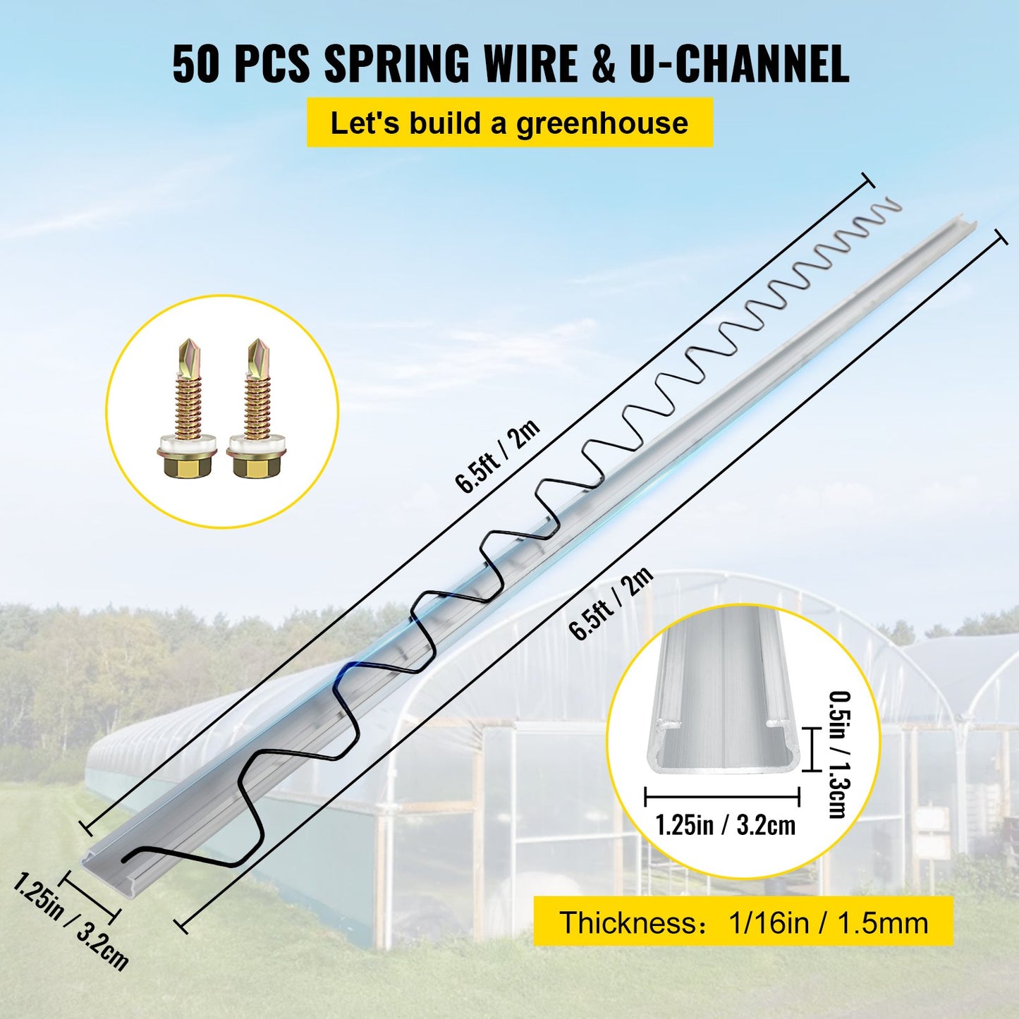 VEVOR Spring Wire and Lock Channel, 2m Spring Lock & U-Channel Bundle for Greenhouse, 50 Packs PE Coated Spring Wire & Aluminum Alloy Channel, Plastic Poly Film or Shade Cloth Attachment with Scre