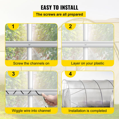 VEVOR Spring Wire and Lock Channel, 2m Spring Lock & U-Channel Bundle for Greenhouse, 50 Packs PE Coated Spring Wire & Aluminum Alloy Channel, Plastic Poly Film or Shade Cloth Attachment with Scre