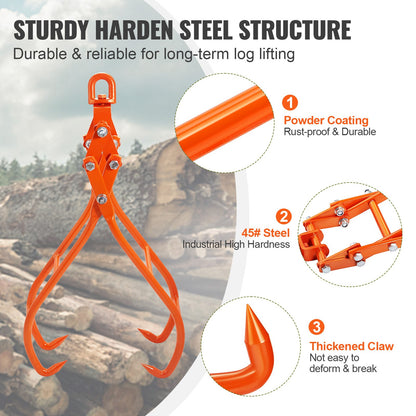 VEVOR Timber Claw Hook, 28 inch 4 Claw Log Grapple for Logging Tongs, Swivel Steel Log Lifting Tongs, Eagle Claws Design with 2205 lbs/1000 kg Loading Capacity for Tractors, ATVs, Trucks, Forklifts