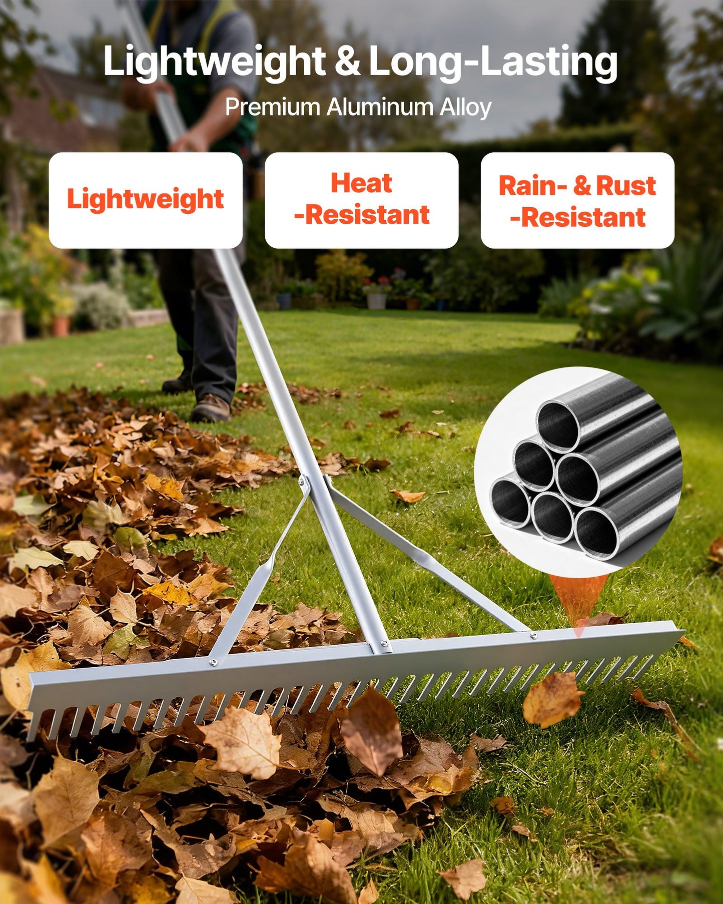VEVOR Landscape Rake, 914 mm Wide Head 2590 mm Handle, Large Heavy Duty Aluminum Landscaping Leaf Rake Tool, Asphalt Level for Loosening Soil, Garden & Yard, Pond Gravel & Beach Lawn Care, 15.8m Rope