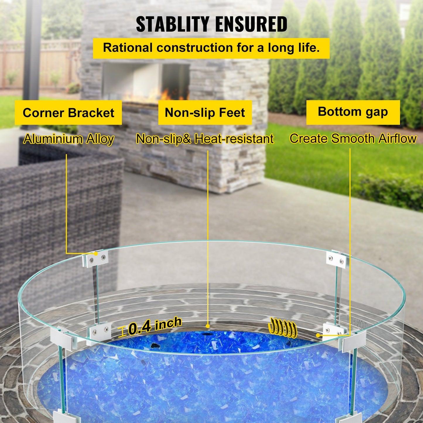 VEVOR Fire Pit Wind Guard, Glass Flame Guard, Round Glass Shield, 1/4-Inch Thick Fire Table, Clear Tempered Glass Flame Guard, Aluminum Alloy Feet for Propane, Gas, Outdoor (23 x 23 x 6 Inch)