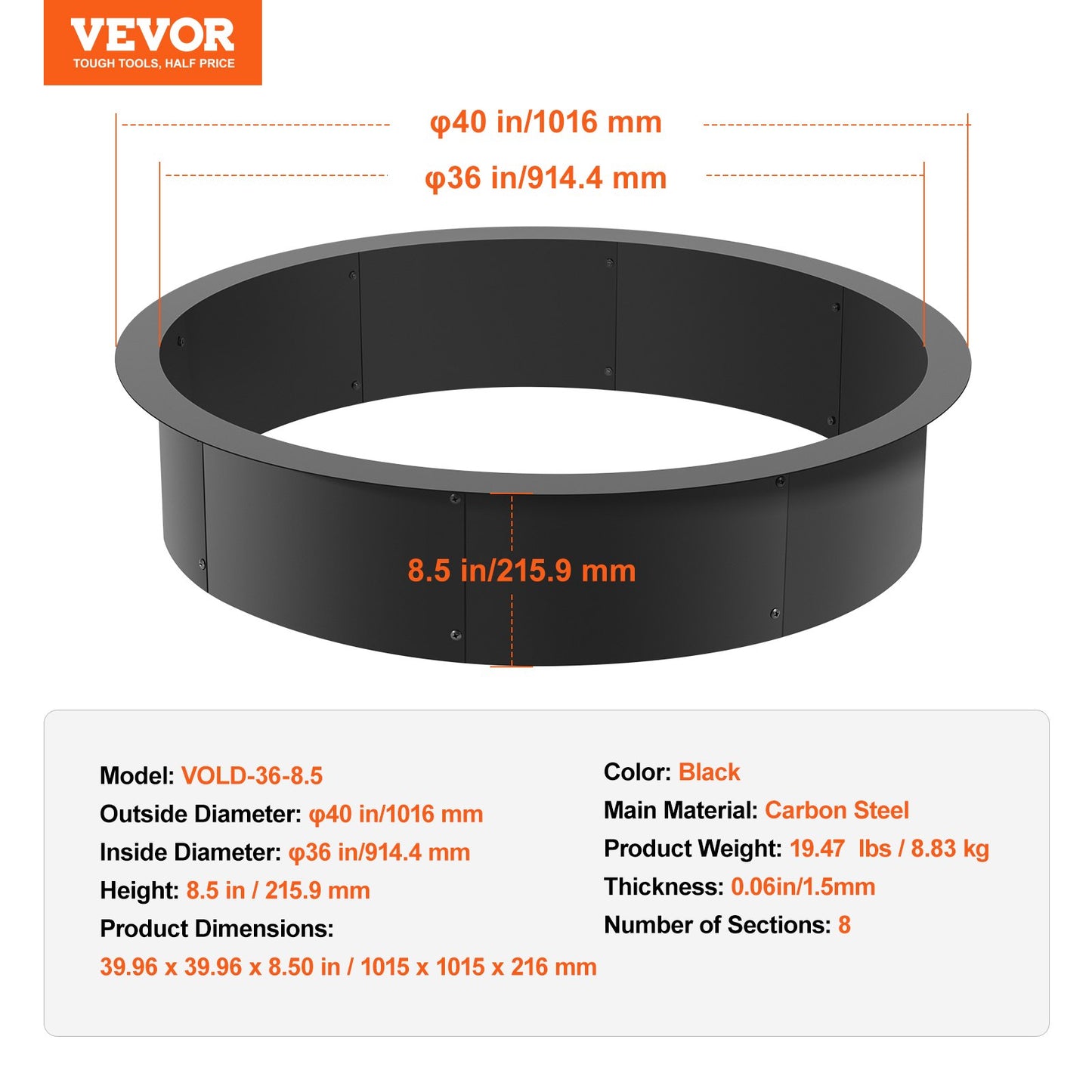 VEVOR Fire Pit Ring Round Inner Steel Liner DIY Campfire Firepit