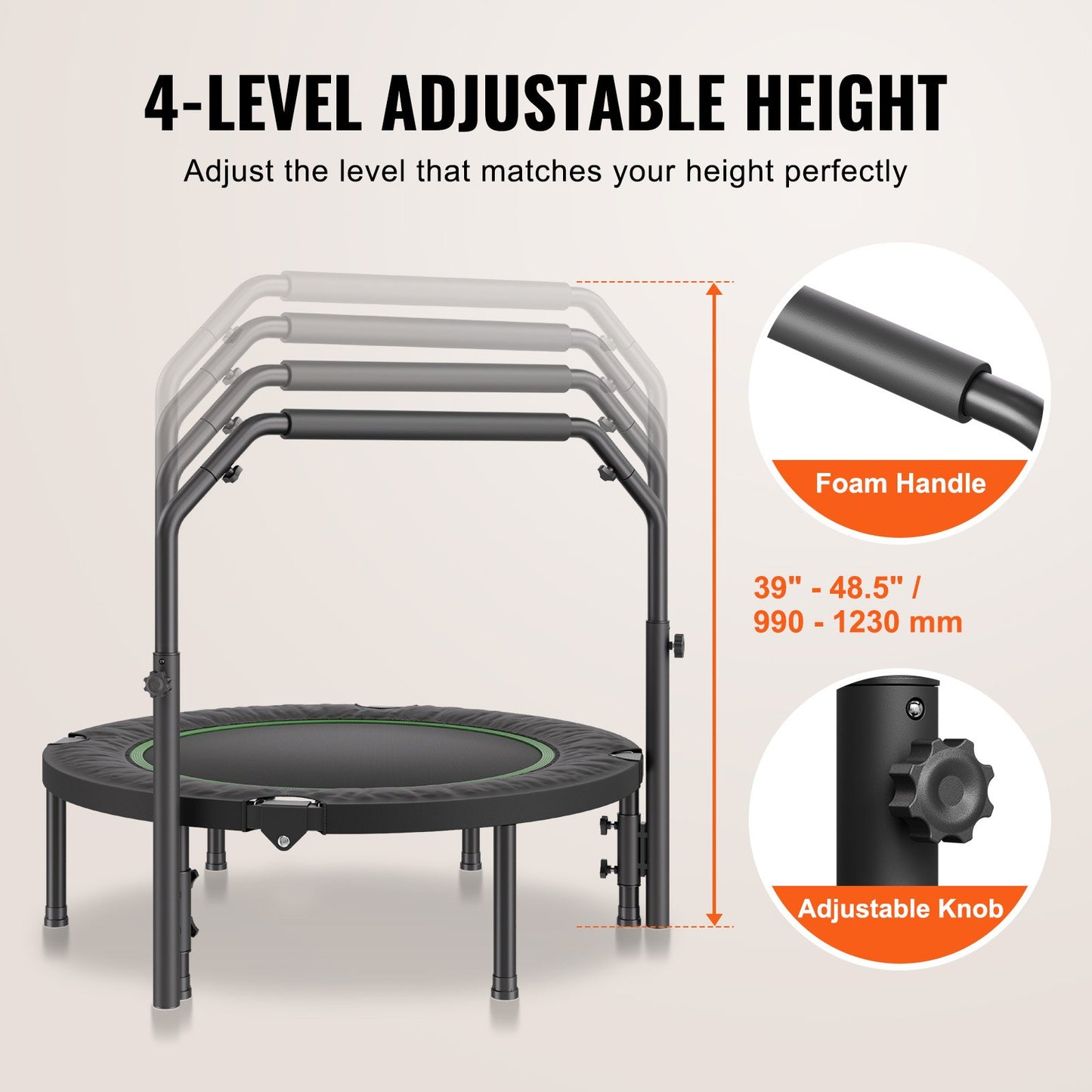 VEVOR Foldable Mini Trampoline, 40 Inch Fitness Rebounder, Max Load 330lbs Exercise Trampoline, Stable & Quiet Trampoline with 4 Level Height Adjustable Foam Handle, for Adults Indoor/Garden Workout