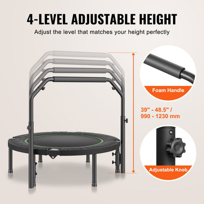 VEVOR Foldable Mini Trampoline, 40 Inch Fitness Rebounder, Max Load 330lbs Exercise Trampoline, Stable & Quiet Trampoline with 4 Level Height Adjustable Foam Handle, for Adults Indoor/Garden Workout