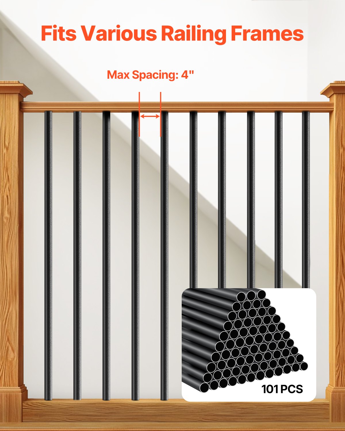 VEVOR Staircase Balusters 101 Pack, 32 In Aluminum Stair Balusters, 3/4 In Water-Proof Round Metal Spindle Railing, Hollow Deck Railing with Rail Caps & Screws for Stairs, Porch, Patio, Fence, Black