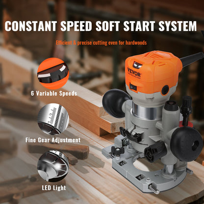 VEVOR Wood Router, 1.25HP 800W, Compact Wood Trimmer Router Combo Tool with Plunge and Fixed Base, 30000RPM 6 Variable Speeds, with 1/4'' & 5/16'' Collets Dust Hood, for Woodworking Slotting Trimming