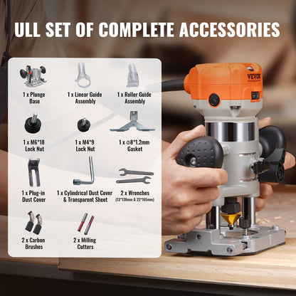 VEVOR Wood Router, 1.25HP 800W, Compact Wood Trimmer Router Combo Tool with Plunge and Fixed Base, 30000RPM 6 Variable Speeds, with 1/4'' & 5/16'' Collets Dust Hood, for Woodworking Slotting Trimming