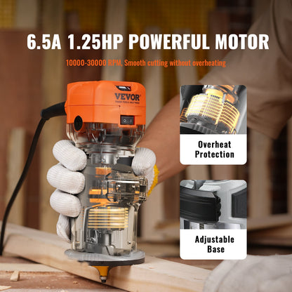 VEVOR Wood Router, 1.25HP 800W, Compact Wood Trimmer Router Tool, 30000RPM Max Speed 6 Variable Speeds, with 1/4'' & 5/16'' Collets 12 PCs Milling Cutters Dust Hood, for Woodworking Slotting Trimming