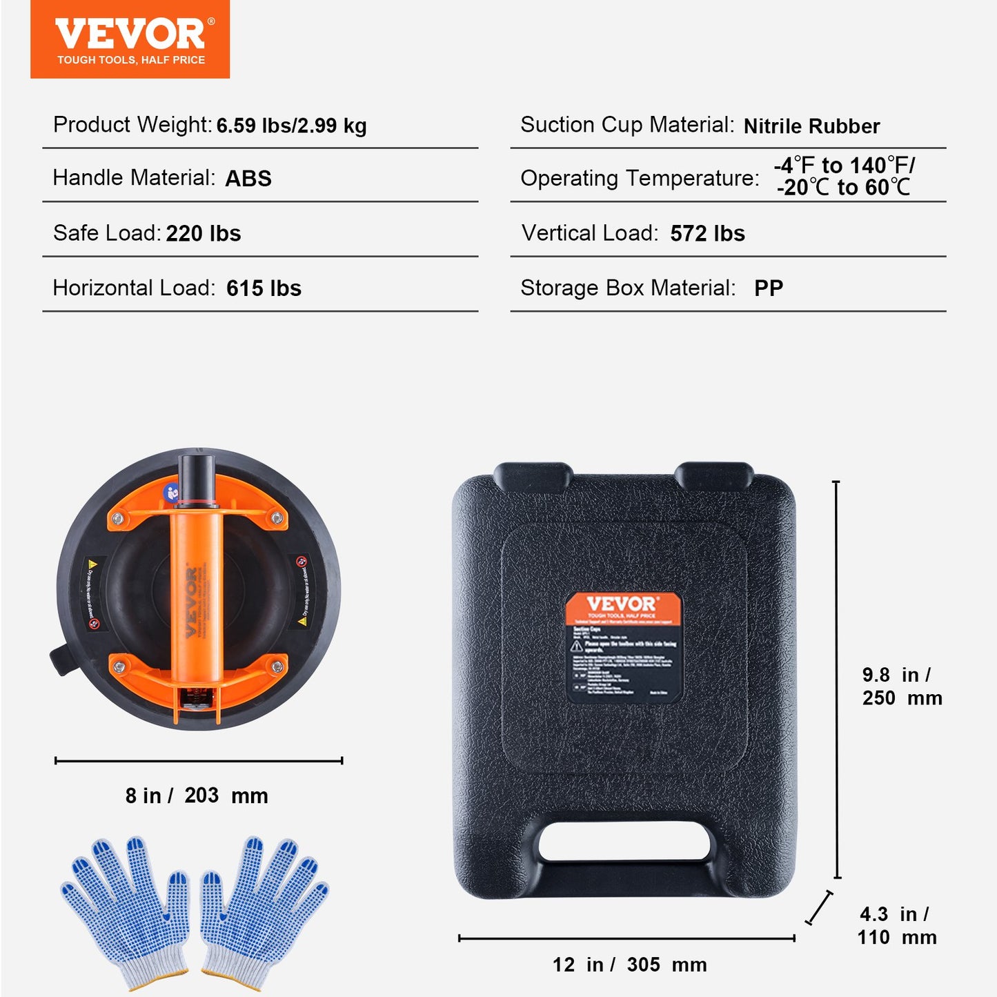 VEVOR Glass Suction Cup, 203 mm 2 Pack 278 kg Capacity, Vacuum Suction Cup with ABS Handle and Carry Box, Heavy Duty Industrial Suction Cup Lifter Tool for Glass, Granite, Tile, Metal, Wood Lifting